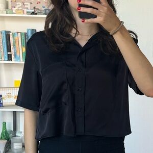 Cropped / Button Down Faux Silk Crop Top